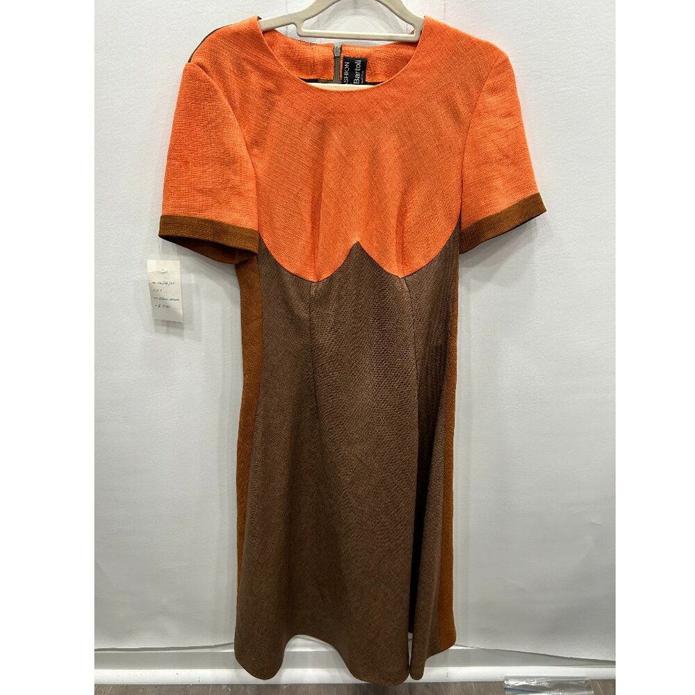 NWT Franca Bartoli Brown and Orange Colorblock Short Sleeve Wool Dress Size 10